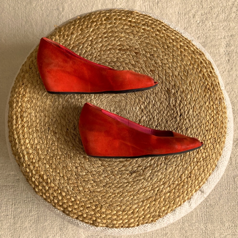 Pas de Rouge Red Suede Peep-toe Wedges—Made in Italy